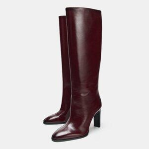Zara Leather Boots Burgundy Wide Heel Tall Classy EU 42